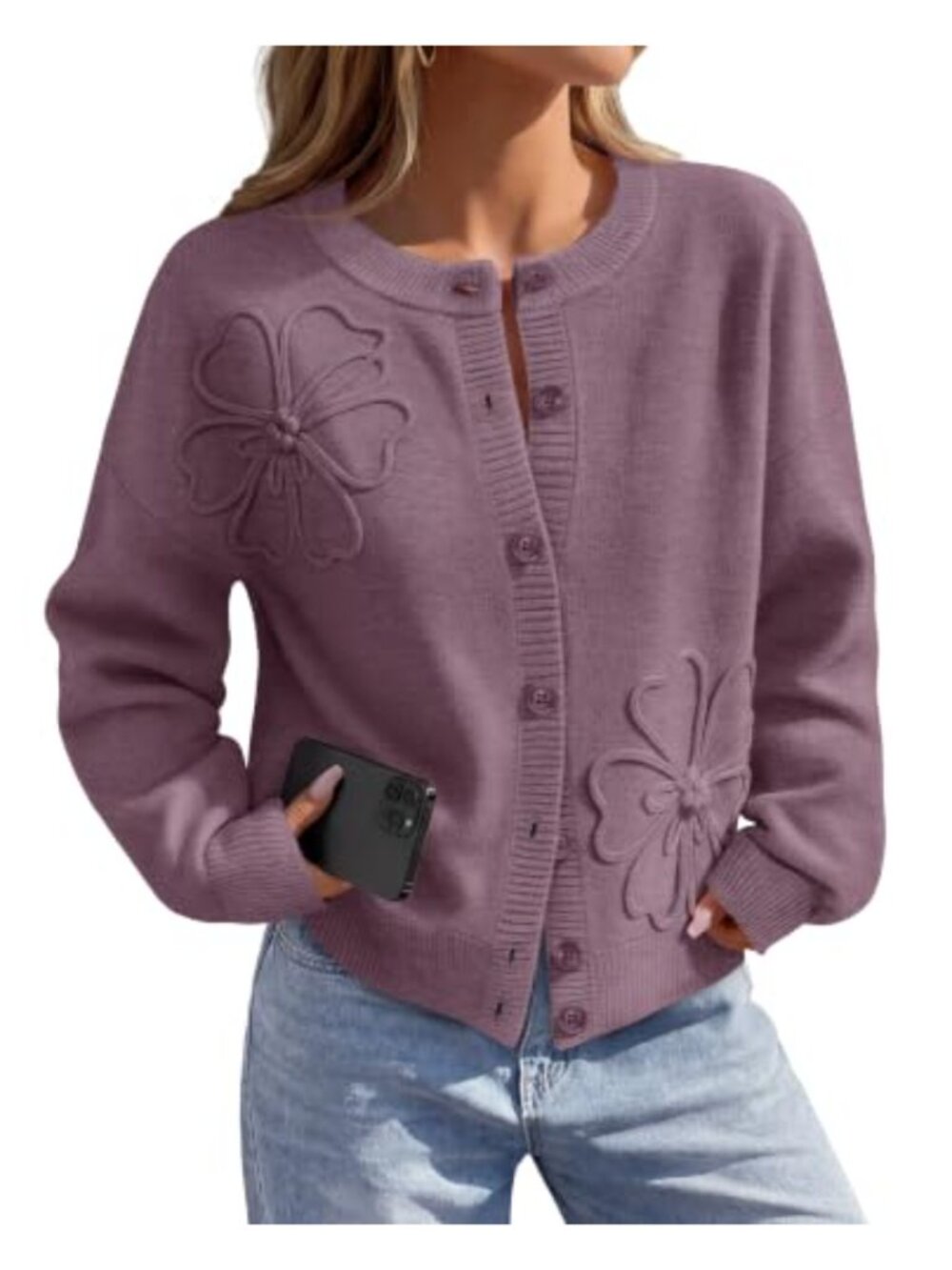 Womens Button Front Cardigan 3D Floral Embroidered Lantern Sleeve Fall Sweater
